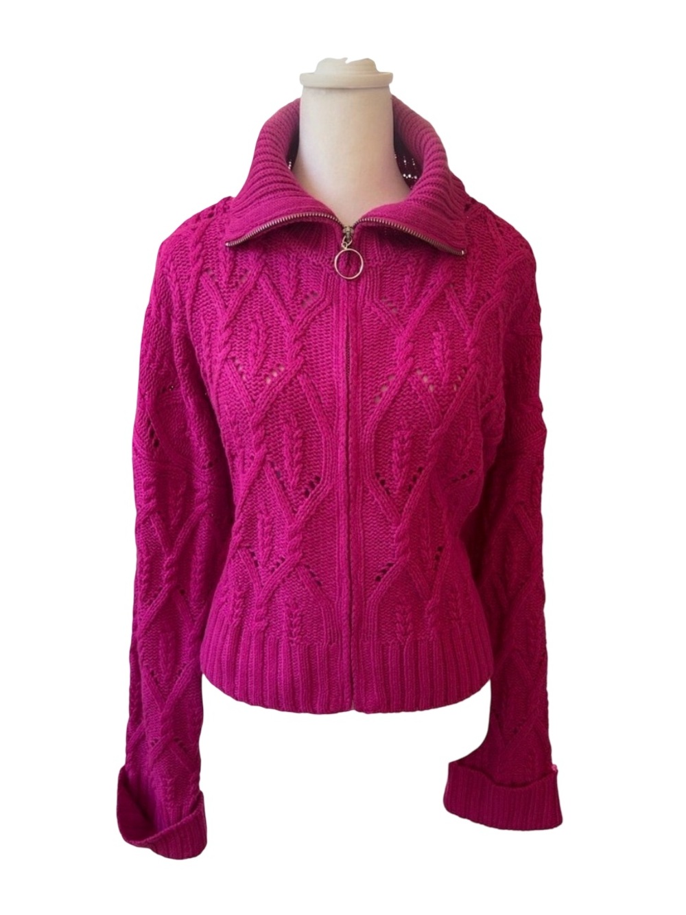 Pink Rose Hot Pink Cable Knit Full Zip Sweater Jacket XL Fuchsia Collared NWT